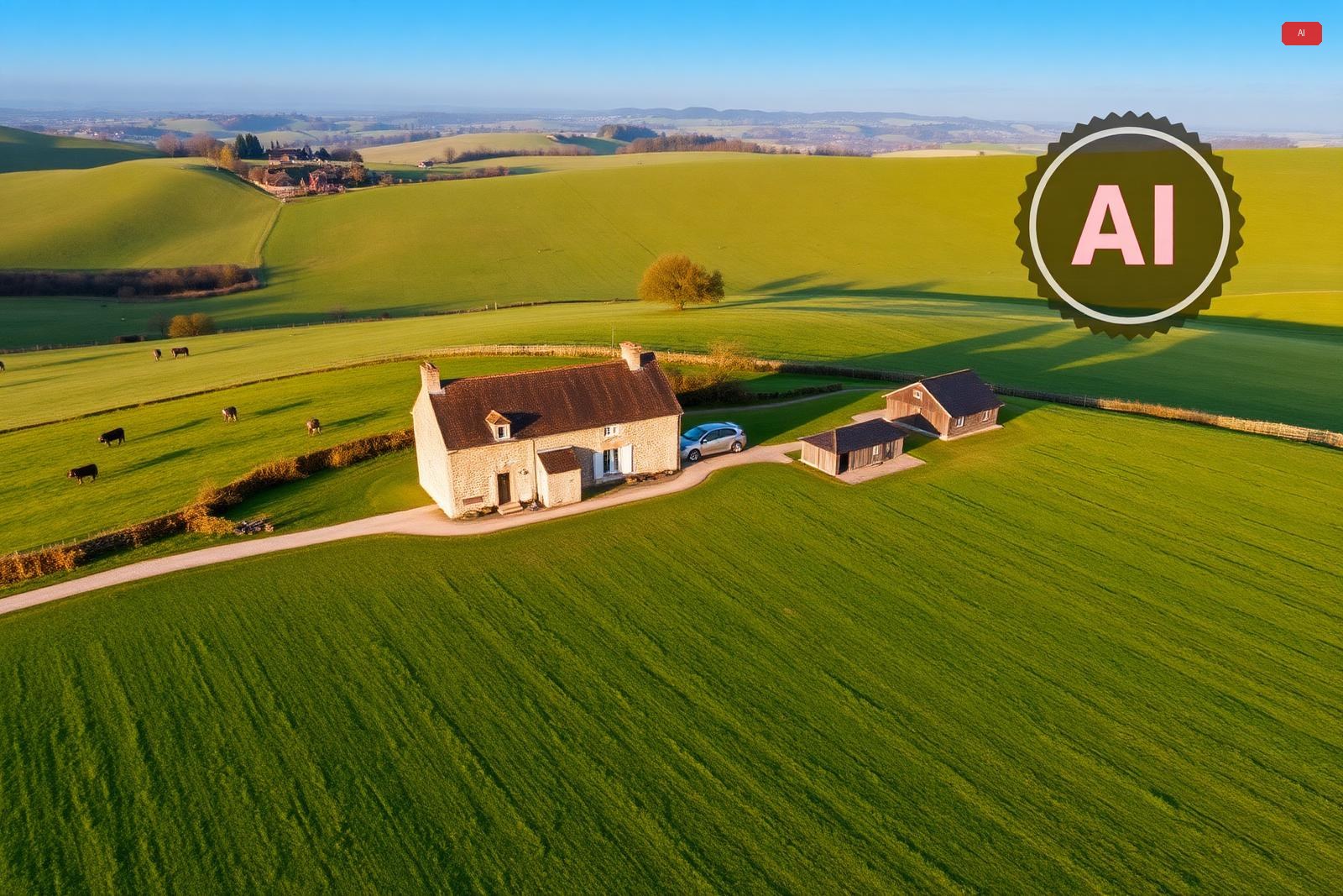 Aerial view of Les Combes estate with the main house, lodges and surrounding fields