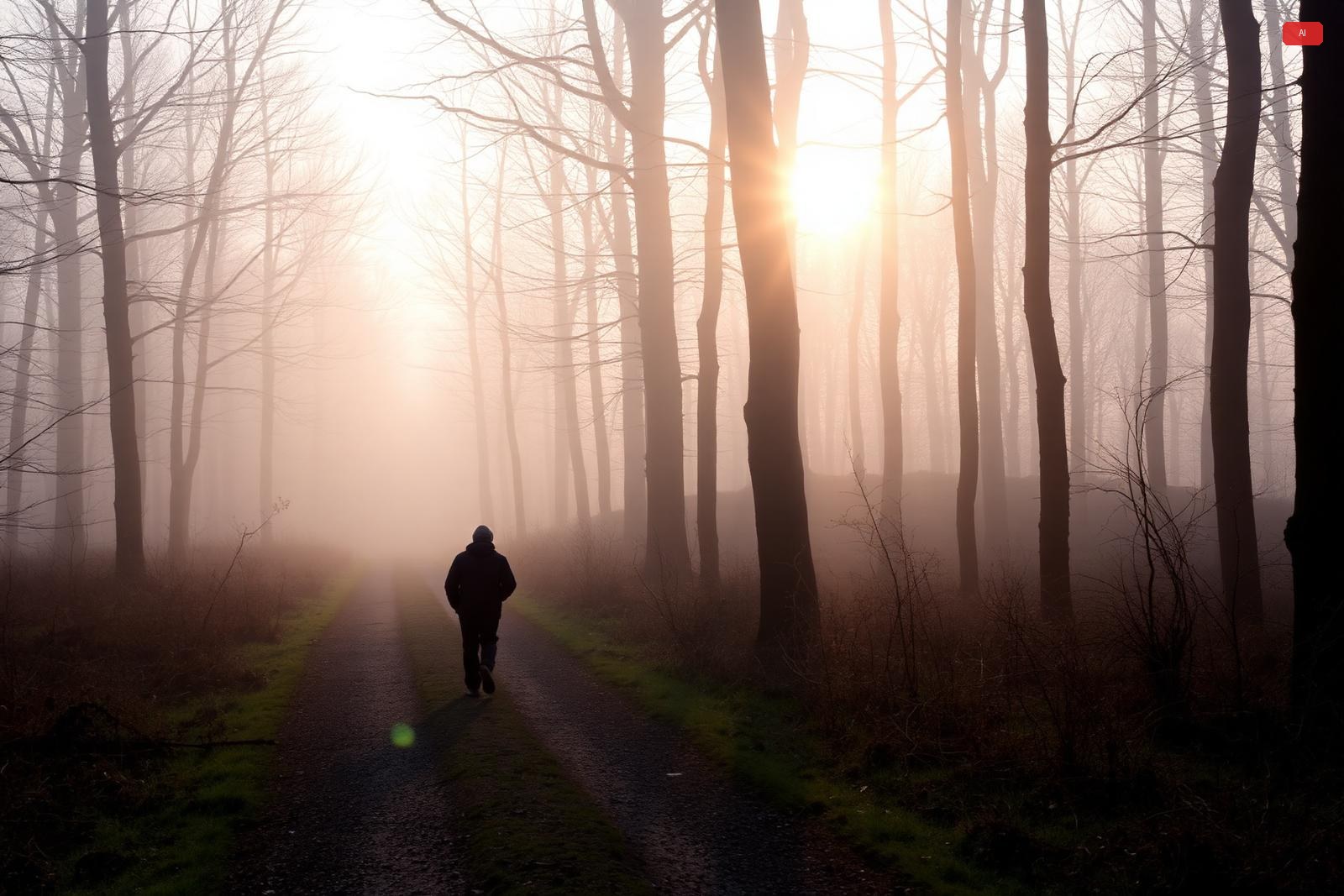 A walker on a misty forest path at sunrise