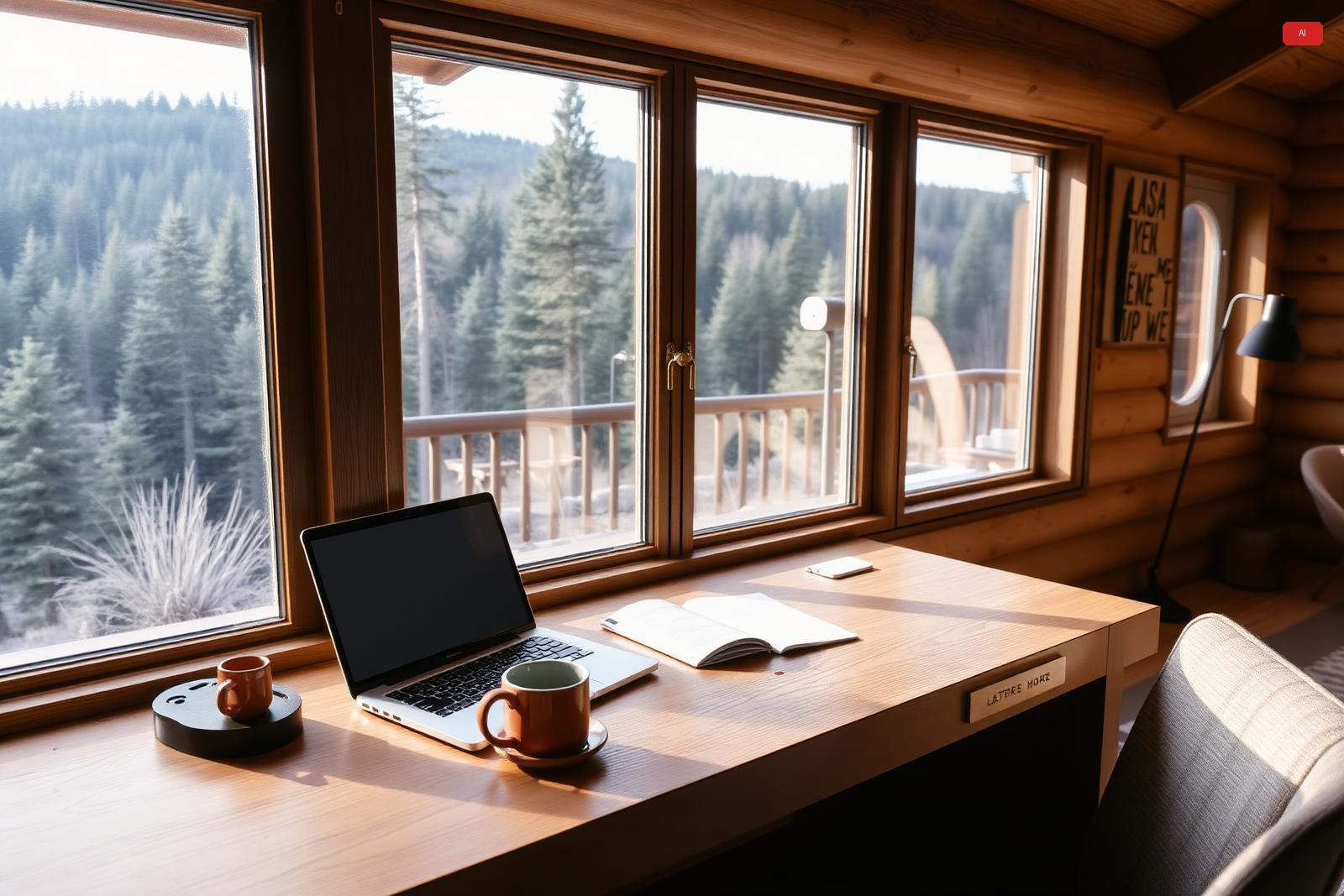 A workspace by a window overlooking the forests